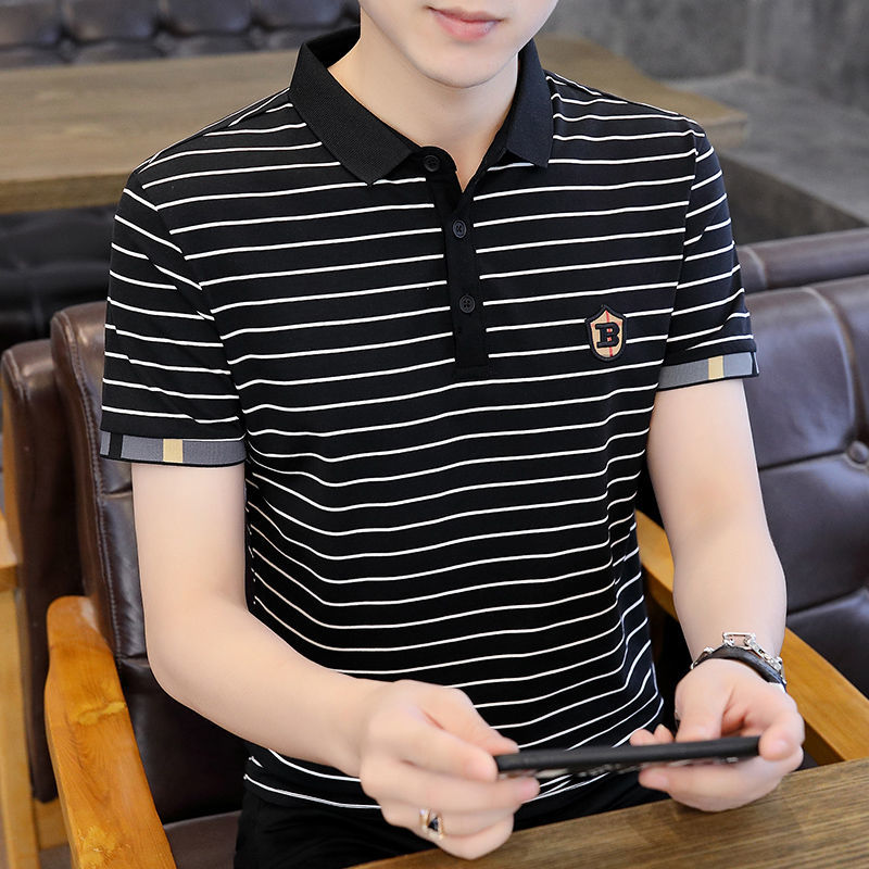 Men's large polo shirt pure cotton stripe summer new slim fit short sleeve T-shirt tide Lapel summer half sleeve T-shirt