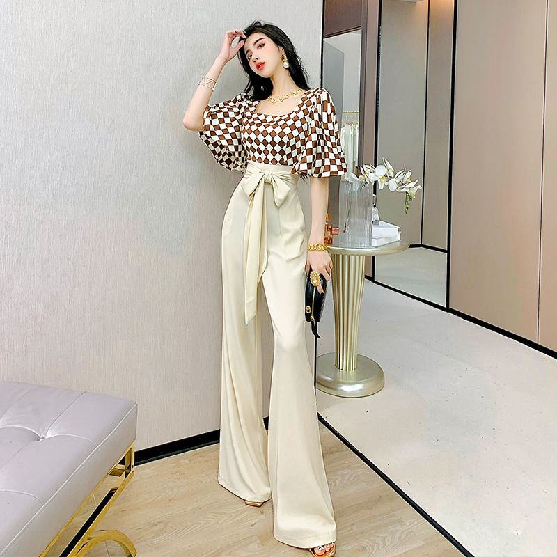 Fashion style Jumpsuit summer 2022 new Plaid square collar shirt wide leg pants Jumpsuit