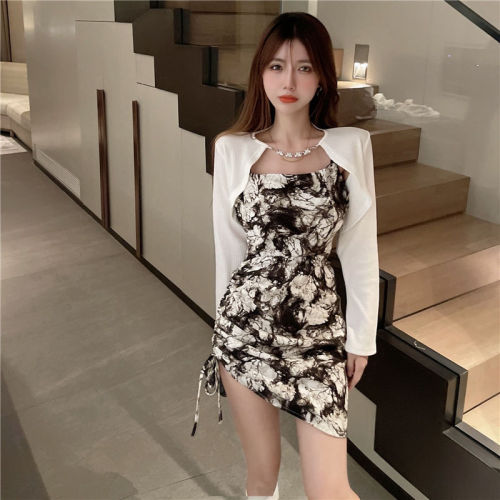 Fashion waist short tie dyed suspender dress women's summer sun protection knitted shawl jacket two piece set