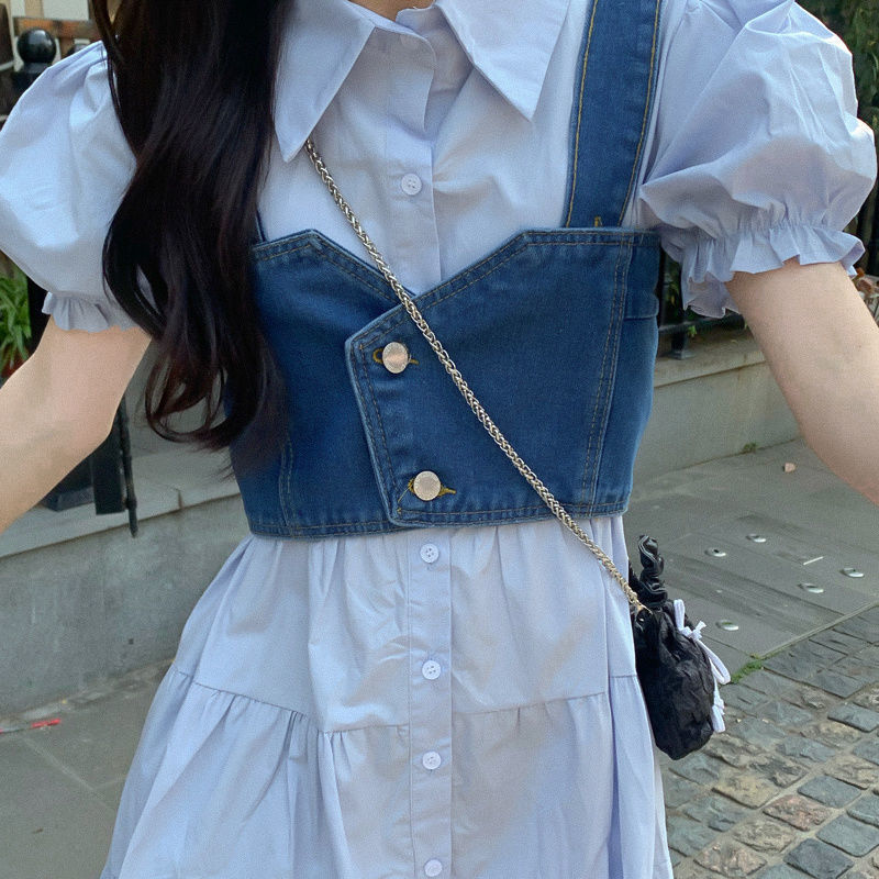 Fashion suit women's 2022 summer sweet and spicy Style Bubble Sleeve Shirt Dress denim vest small two piece set