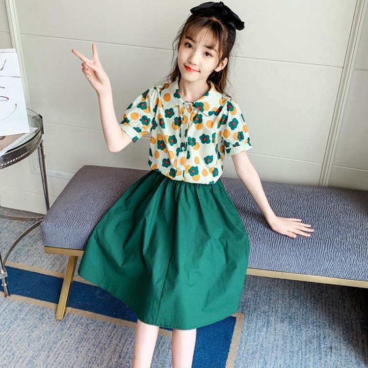 Girls' shirt skirt set summer new middle and large children's suit skirt little girls' foreign style two-piece set fashionable net red