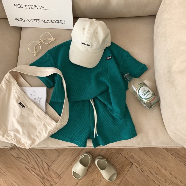 Cool Korean wave small idol&quot; Children's leisure waffle short sleeve two piece suit boys' and girls' leisure suit foreign style