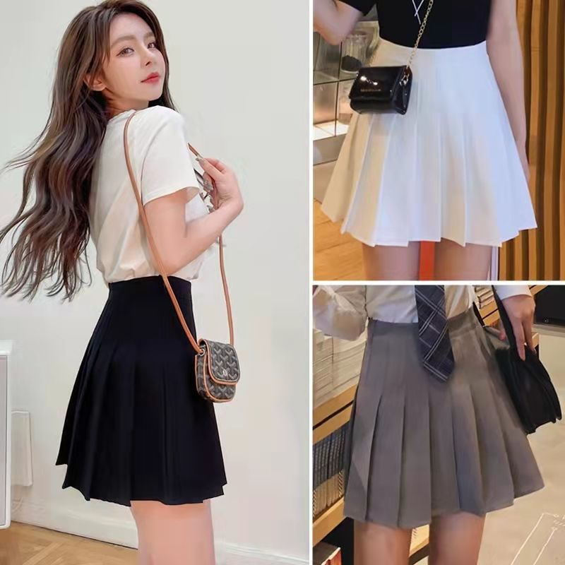 Khaki high waist pleated skirt women's spring A-shaped thin short skirt small JK uniform college white skirt