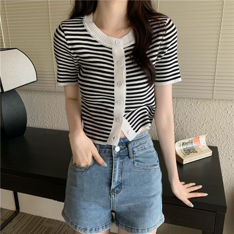 Real shot real price summer round neck Casual Short stripe versatile knitted cardigan short sleeve blouse women