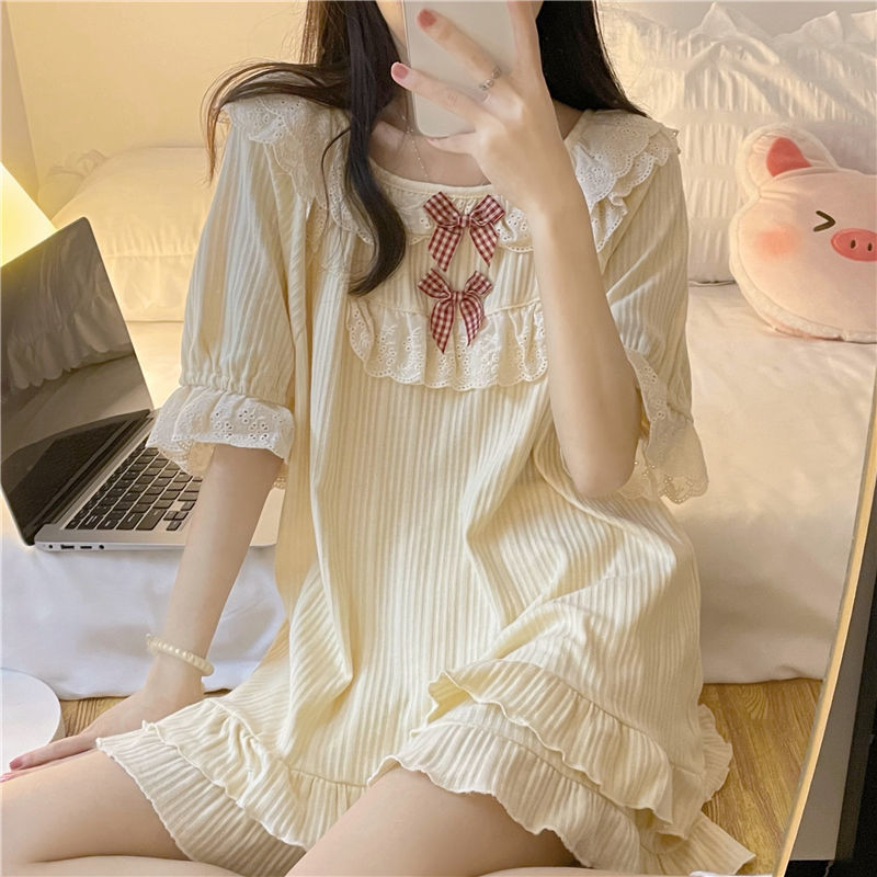 Japanese sweet ins nightdress girl summer girl lace bow Ruffle outside home clothes suit