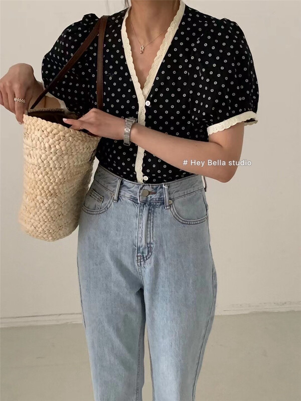 [hey Bella] French style V-neck short sleeve shirt ys1-1632\ll