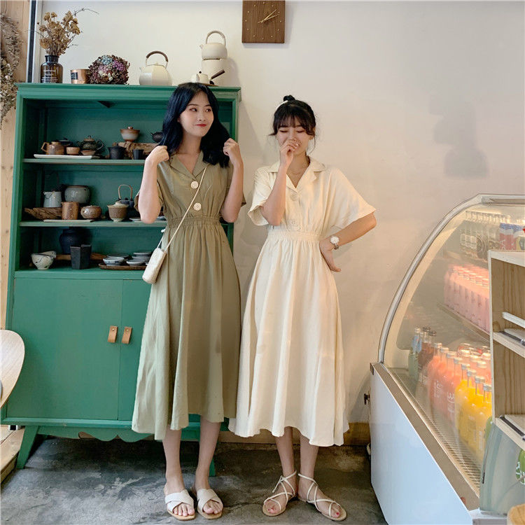 Summer medium length solid dress female student Korean version loose and versatile small fresh short sleeve slim A-line skirt