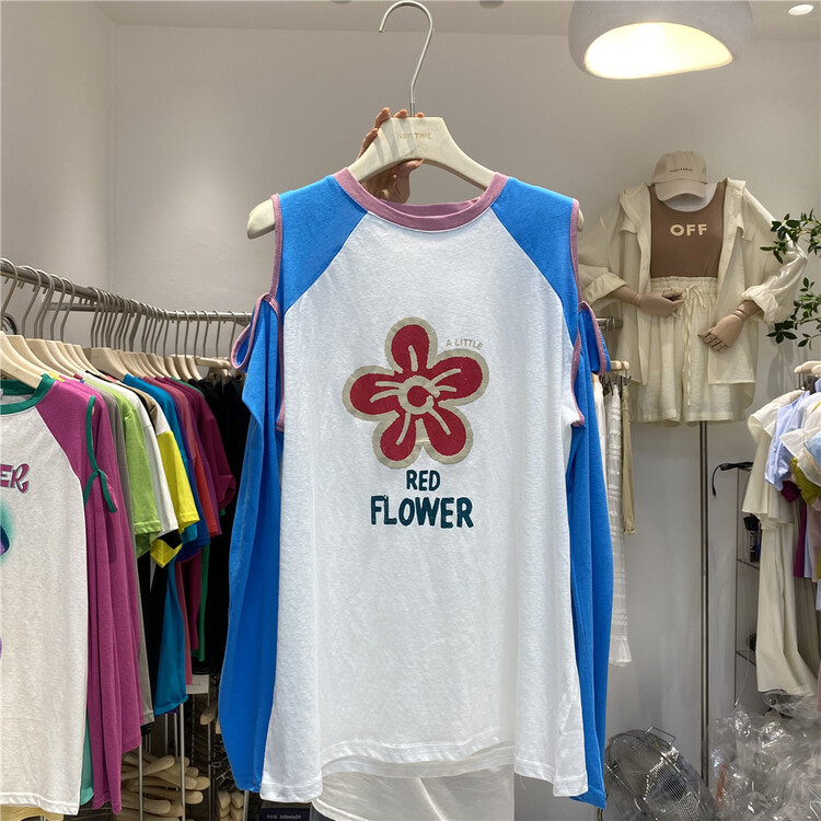 [new time /l&y home] contrast round neck red floret long sleeve T-shirt 3128\xyy
