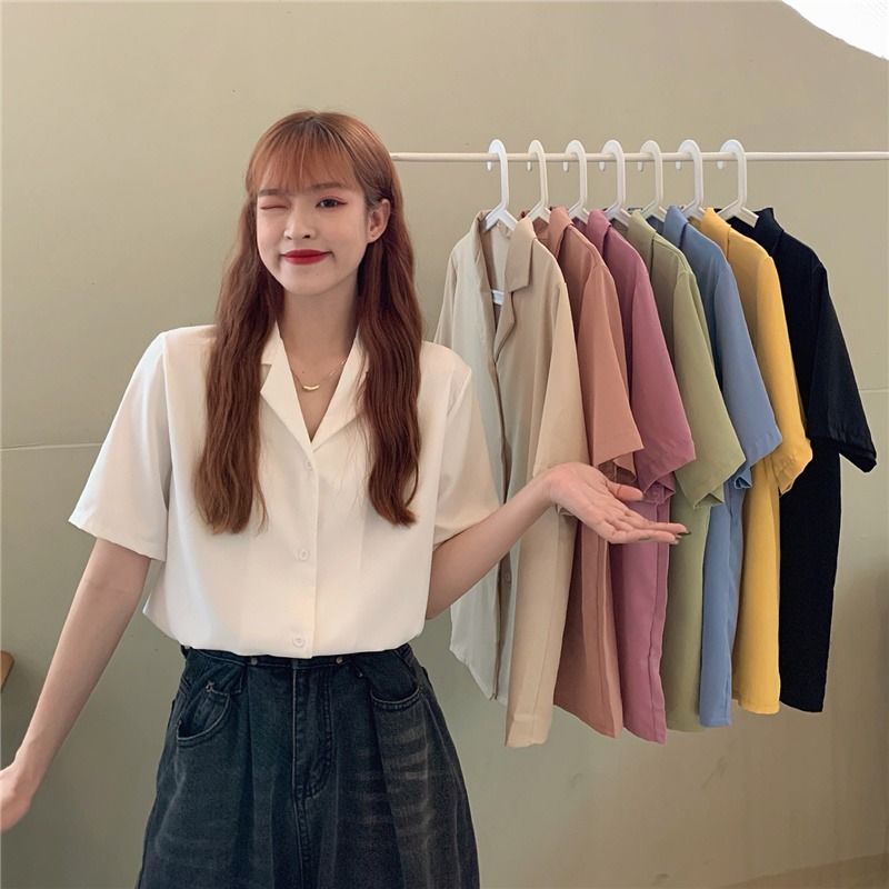 Spring 2022 New Retro Hong Kong style suit collar loose outer wear versatile salt white short sleeve shirt top women