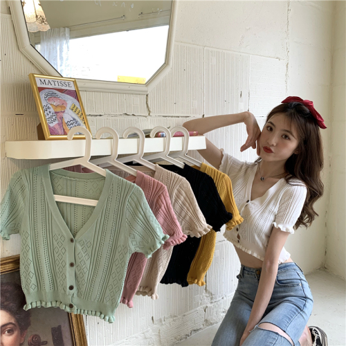 Real photo real price summer new sexy collar and all-around short top women's hollow out shirt