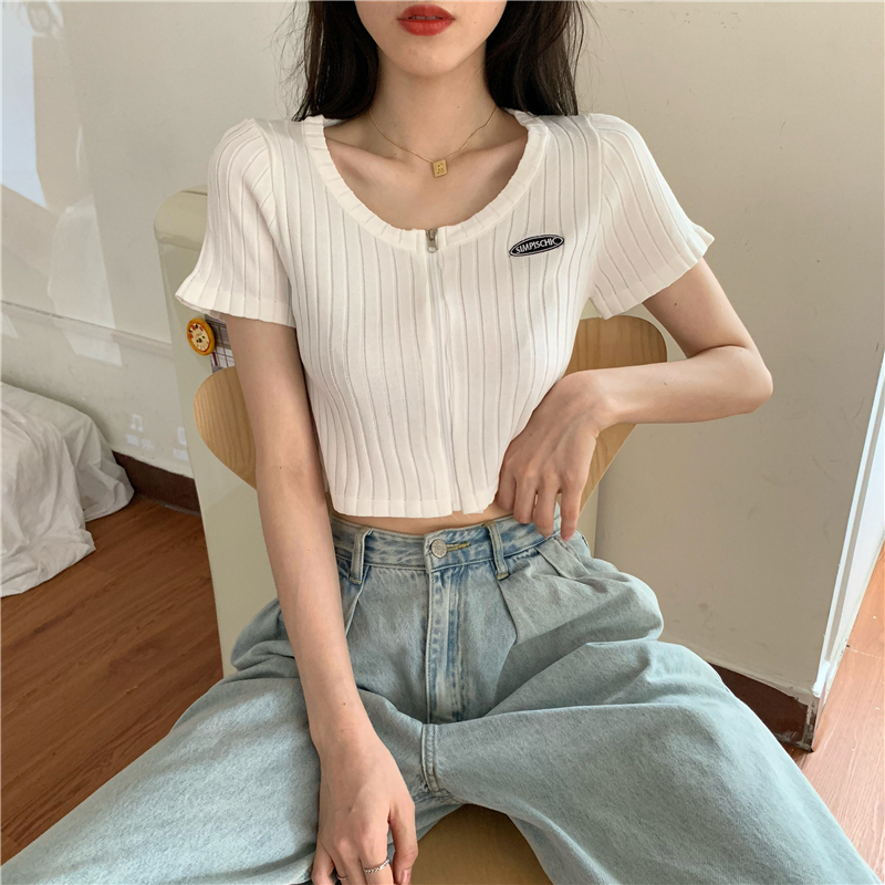 Real shot real price Korean new slim fit short net red zipper Short Sleeve T-Shirt Top