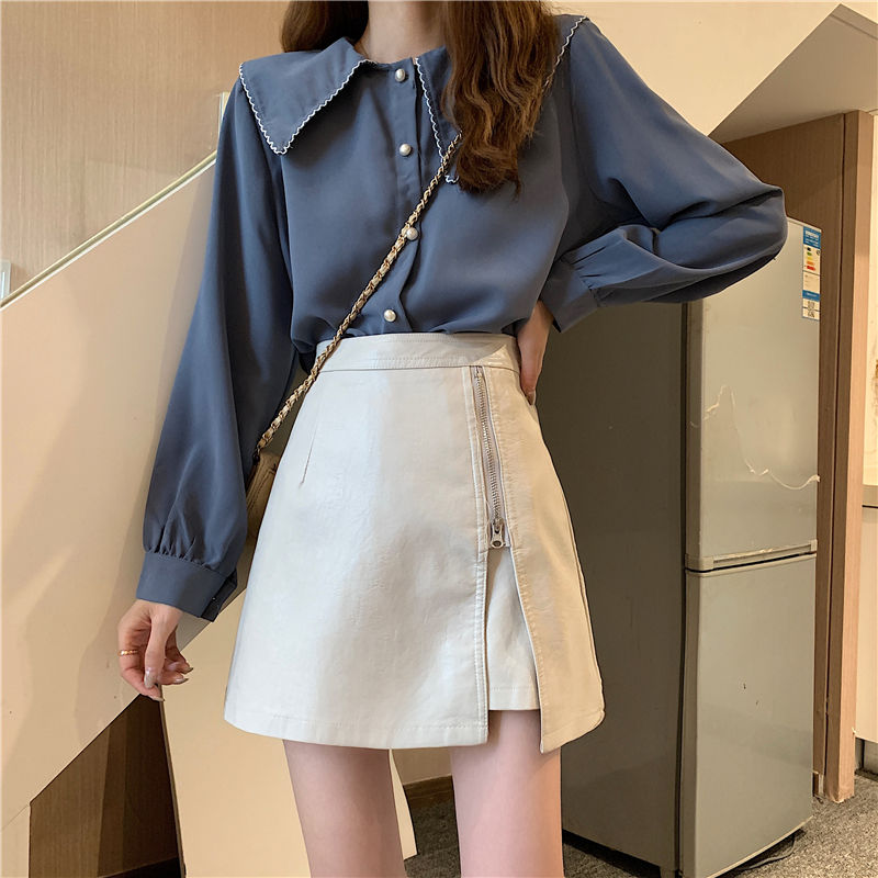2022 spring new skirt high waist thin PU leather skirt A-line skirt versatile ins short skirt Korean Hip Wrap Skirt women