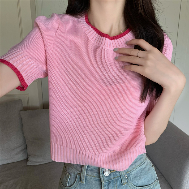 Real shooting and real price summer Korean design sense of minority versatile loose shoulder short Knitted Top Women