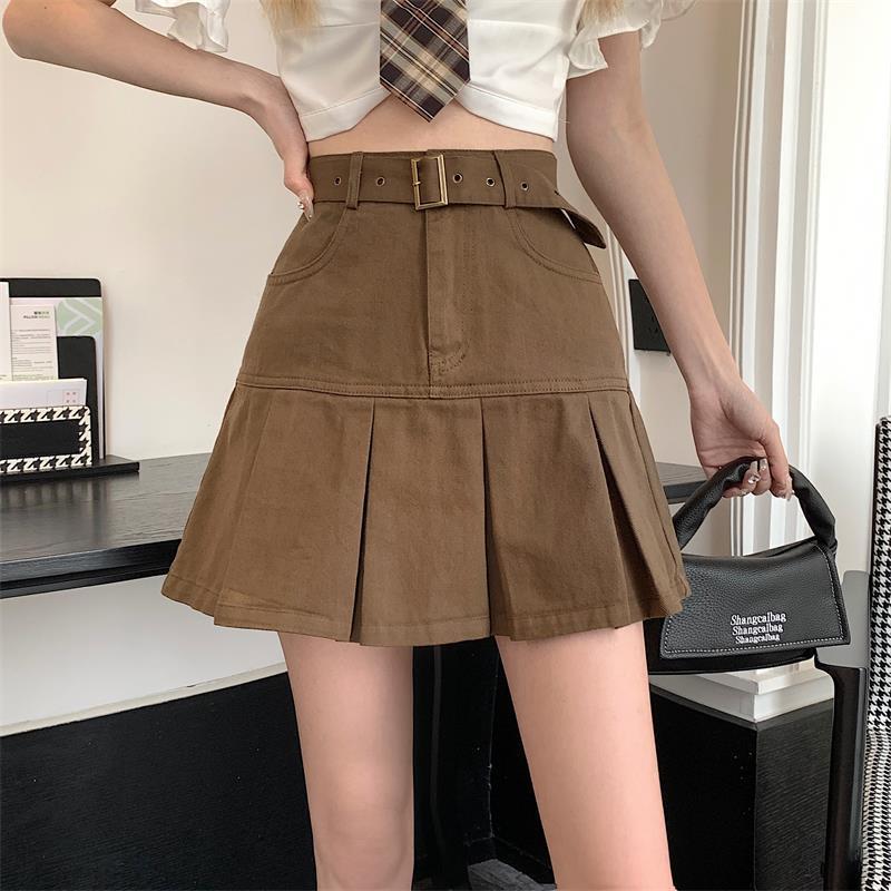 Light proof Korean summer A-line short skirt women's design sense of spice girl high waist thin fishtail Brown wrap hip skirt