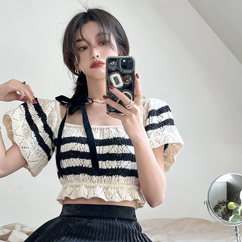Summer autumn net red new sexy T-Shirt Top short slim fit waist thin stripe off shoulder square collar