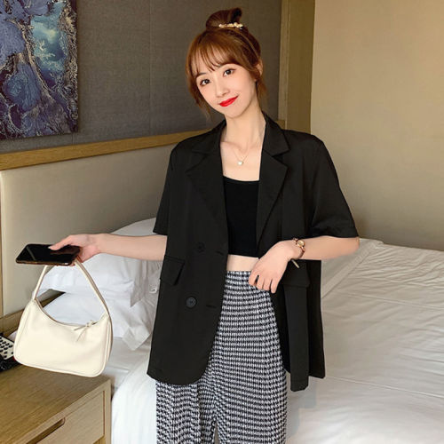 Extra large 300kg thin suit coat female summer fat mm loose fried Street black short sleeve small suit top