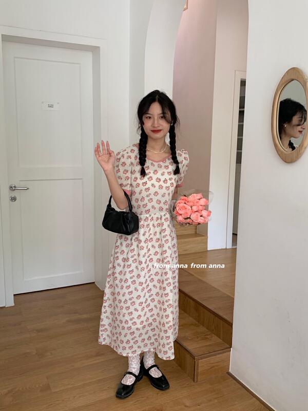 [from Anna] Korean version floret color contrast round neck dress 2155\lsw