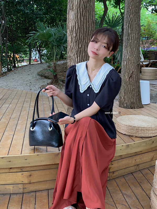 [seek peach] Korean style color contrast bubble short sleeve shirt (only selling tops) 5266\ll