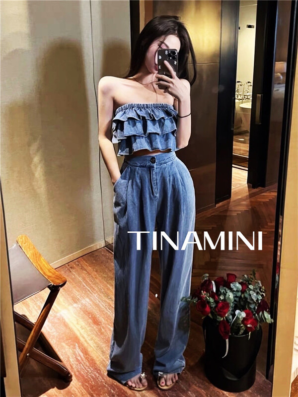 [tinamini] sexy hot girl bra shirt + solid color versatile casual pants set ys1-926\hjy
