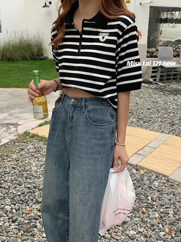 [HH &miss Lai] Polo neck stripe cotton T short sleeve T-shirt 121\l