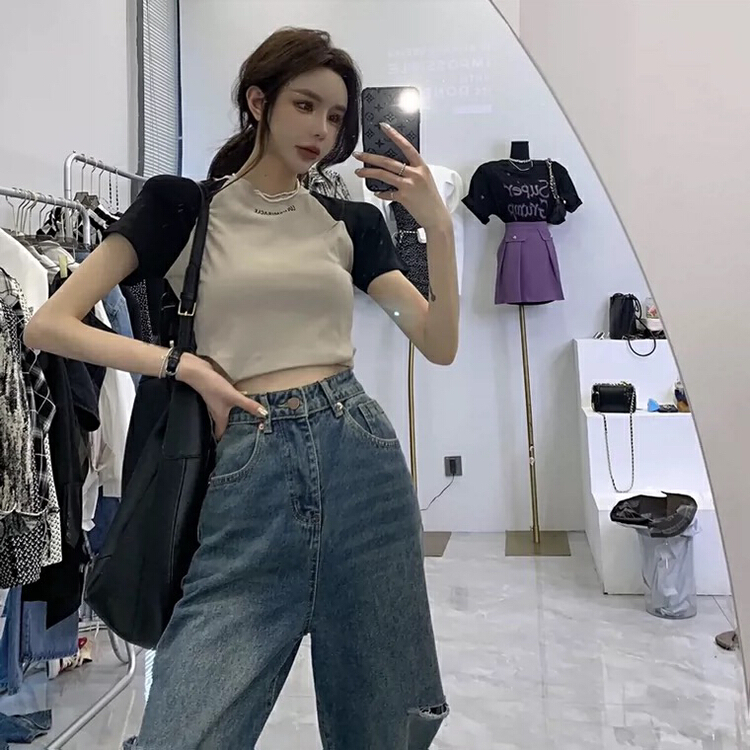 [c.h.z] color blocking sweet spice girl back open waist short sleeve T-shirt 90855\wtt