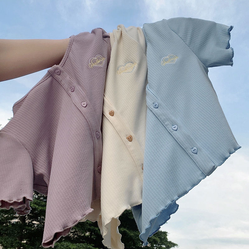 2022 summer short sleeve new wood ear embroidery solid T-shirt cardigan schoolgirl short top women's fashion