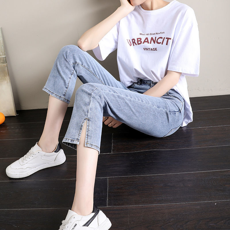 Small split jeans women's cropped straight pants summer thin loose high waist slim student nine point pipe pants
