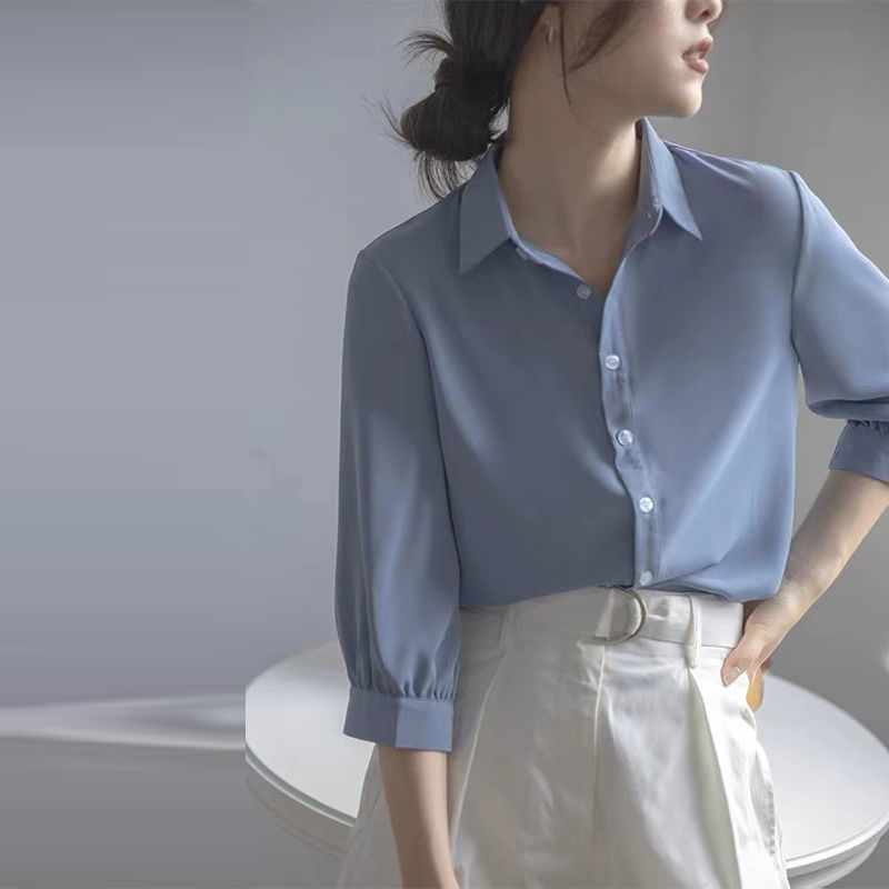 White shirt women's summer sun protection thin type loose bottomed versatile French polo collar seven sleeve shirt