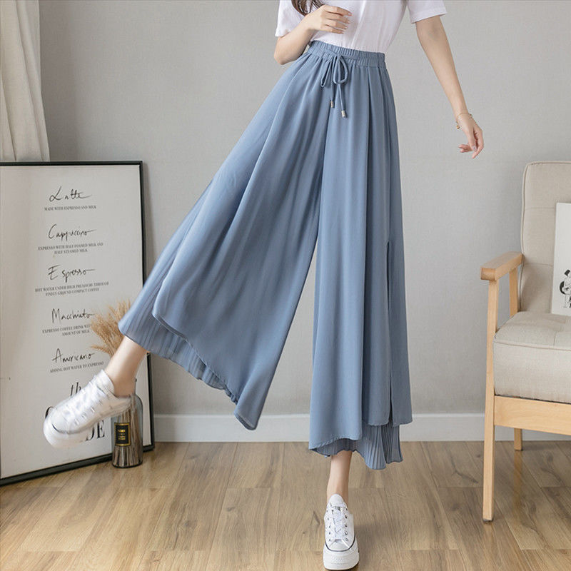 Chiffon wide leg pants female student Korean version pants female loose thin loose black High Waist Wide Leg Pants nine point pants female