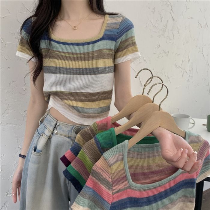 Short square neck knitted short sleeve T-shirt women's ins fashion summer 2022 new color contrast stripe design feeling clothes