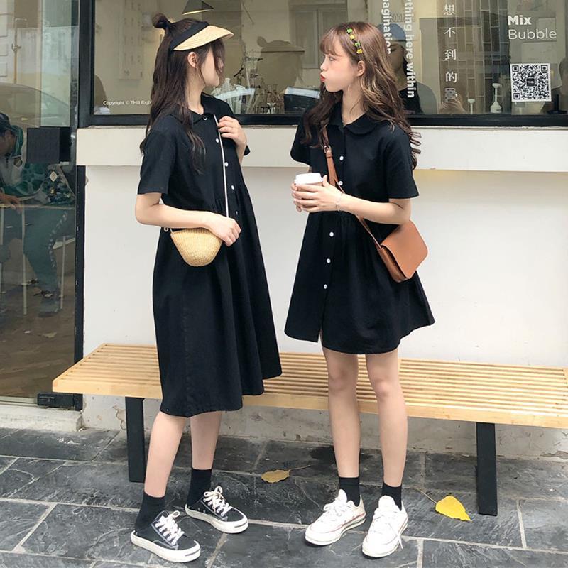 Spring and summer Korean retro loose short sleeve dress knee length skirt women's French minority medium length skirt A-line skirt