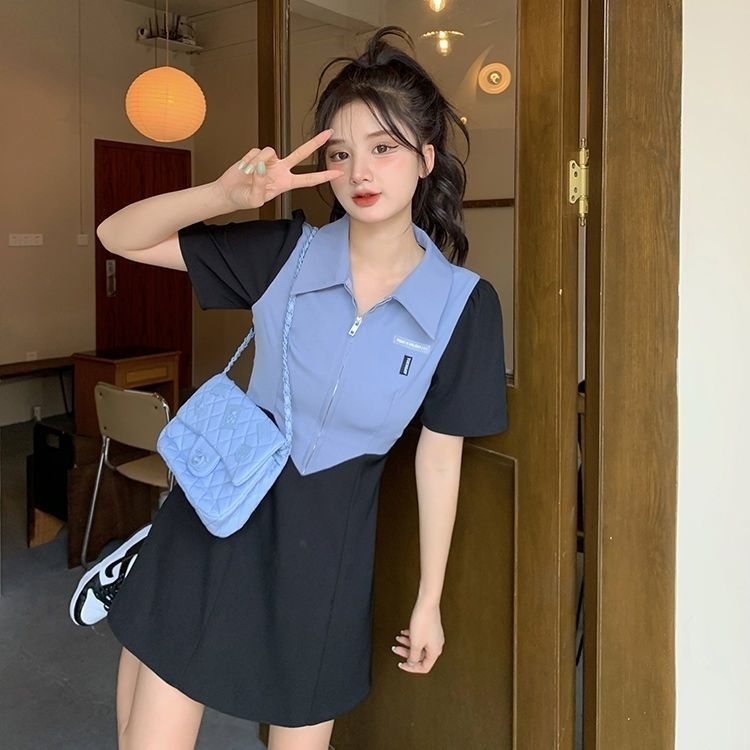 Tiktok same color contrast polo dress women's summer fat mm splicing fashion Korean split sports casual skirt