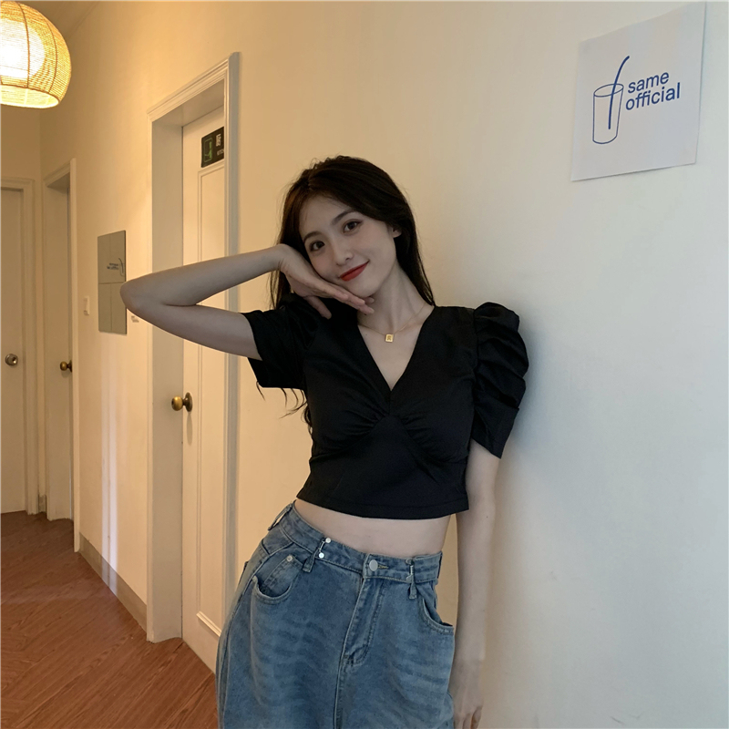 Real price V-neck bubble sleeve blouse summer new slim high waist short pullover shirt