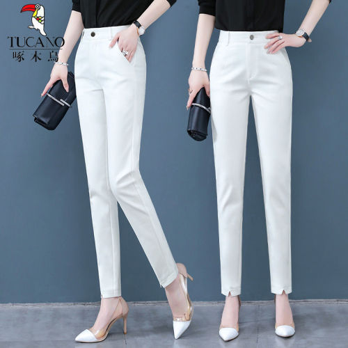 Cropped white suit pants women's spring and summer high waist slim elastic small leg straight tube casual Harlan pants