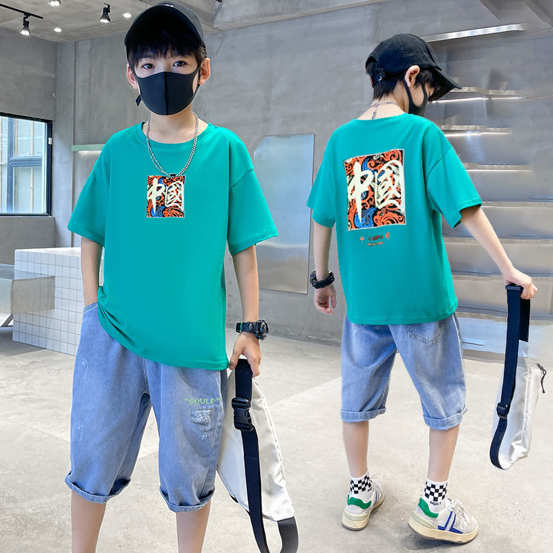 Boys' suit summer 2022 new summer clothes handsome and fashionable Street bombing two piece suit thin foreign style national fashion children's clothes