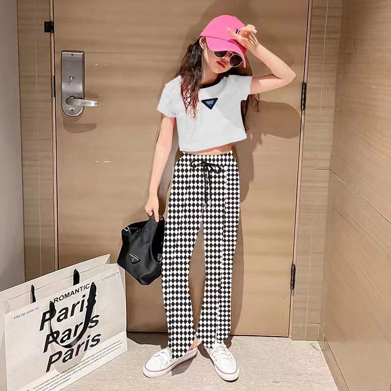 Children's suit new girls' Cotton Short Sleeve T-Shirt Pants Suit Girls' suit summer bell bottoms