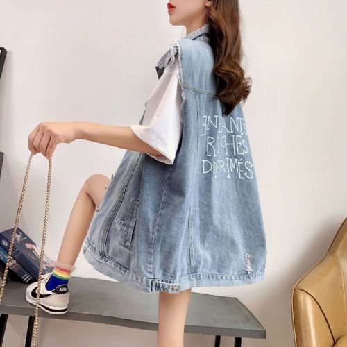 Lazy style cowboy waistcoat women spring and summer 2022 new Korean loose BF style letter printed jacket fashion