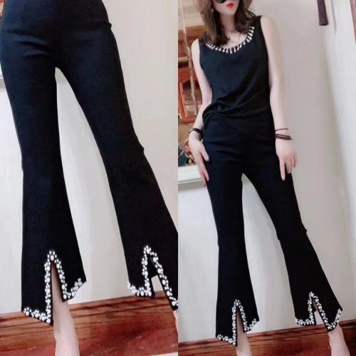 Net red pants women's summer high waist elastic loose and versatile trend nail bead nine point micro flare pants
