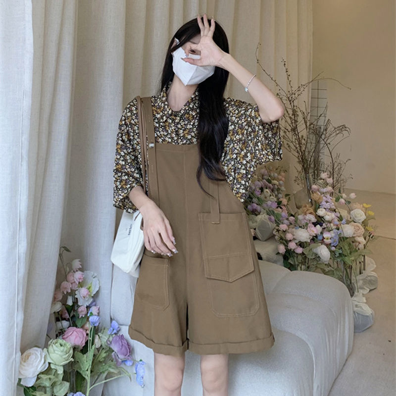 Retro Japanese suspender shorts women's summer 2022 new work clothes wind curling loose design casual wide leg pants