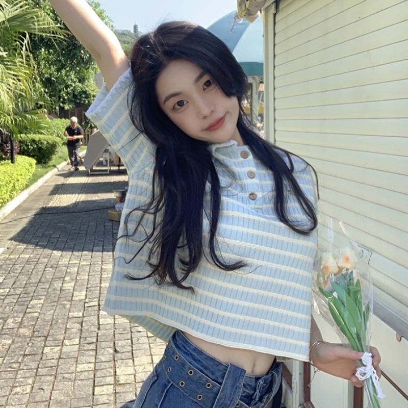 Polo collar stripe short sleeve knitted T-shirt women's summer 2022 new design sense of minority Korean sweet upper garment