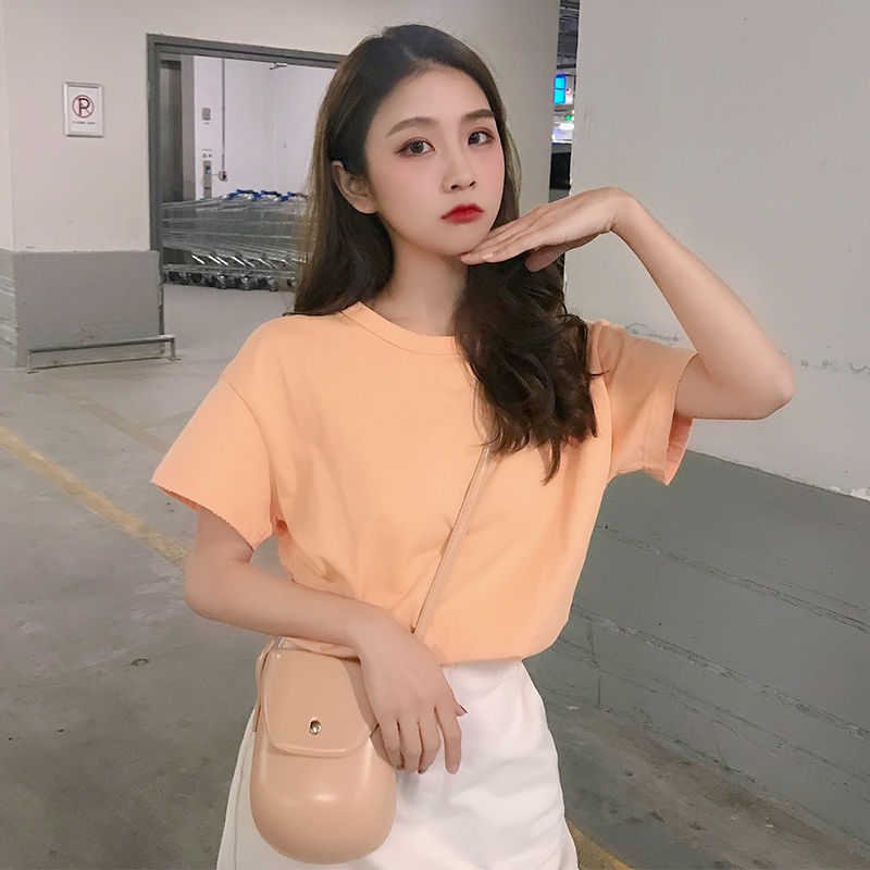Summer new Korean loose solid color short sleeve T-shirt women's net red ins Half Sleeve T-Shirt Top Student bottoms fashion