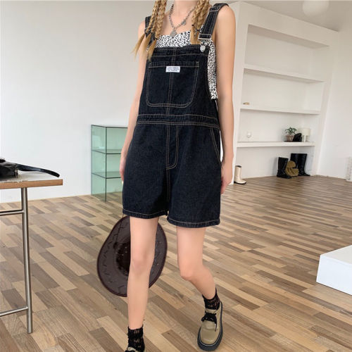 In summer , the new Korean version of loose and thin denim suspender quintiles women's thin straight tube wide leg pants