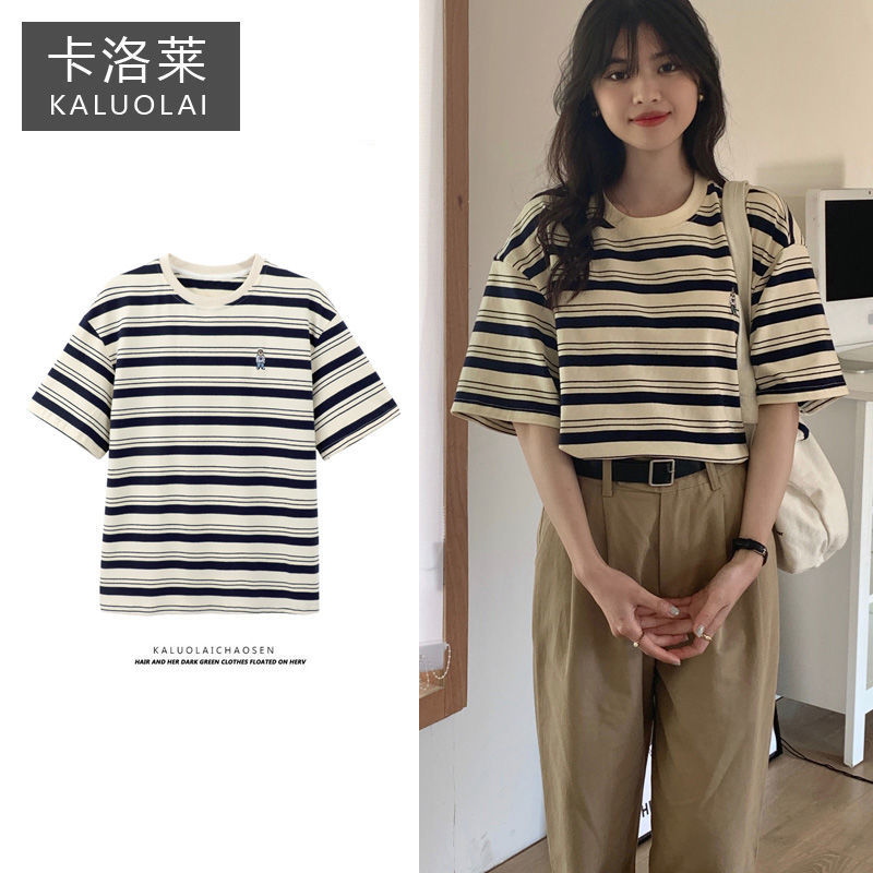 Carlyle bear stripe short sleeve T-shirt women's 2022 summer new college Korean loose thin round neck top