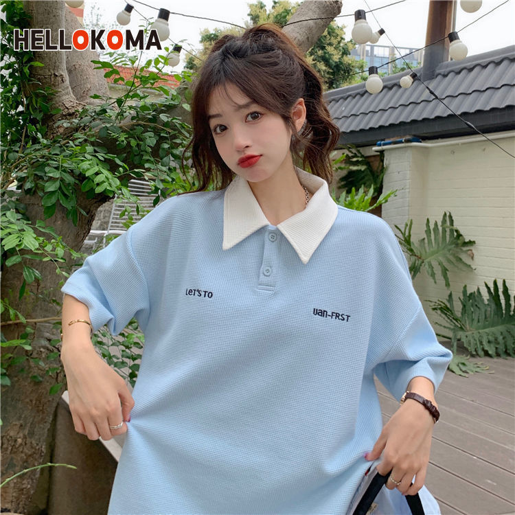 Summer waffle Polo short sleeve t-shirt female loose student college style ins Lapel upper garment 2022 NEW
