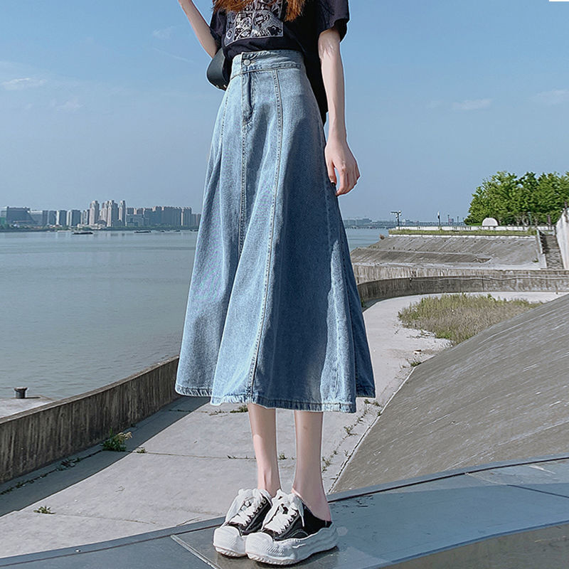 Denim skirt, half length umbrella skirt, a word, medium length, knee length, large skirt, high waist, thin, summer large women's dress, 200 kg, fat mm