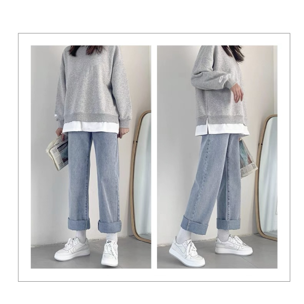 Light color elastic waist jeans women's straight tube large size loose small versatile student chic Korean slim pants