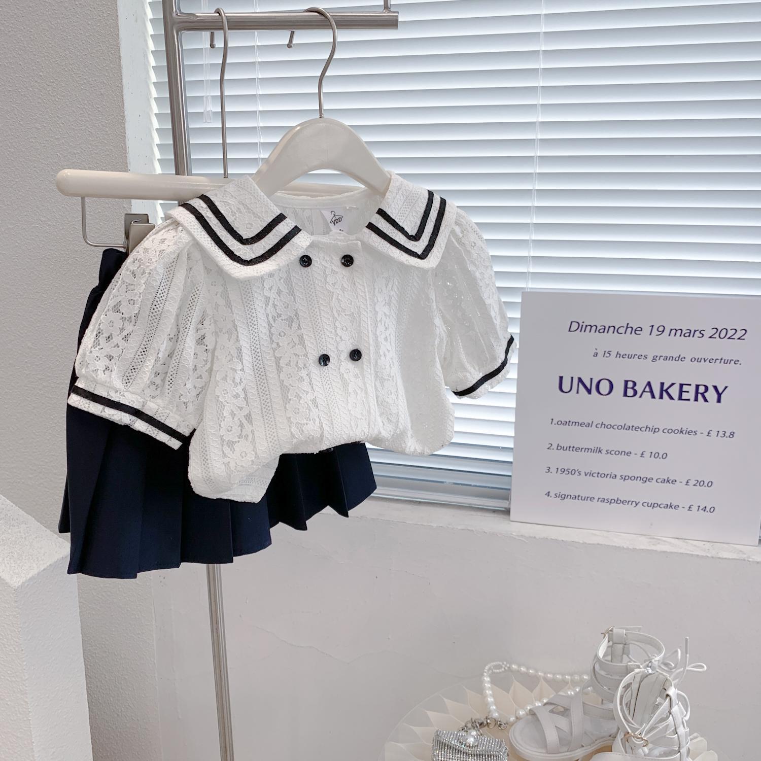 Girls' summer new suit 2022 Korean version Navy style foreign style LACE SHORT SLEEVE TOP pleated skirt two piece suit fashion