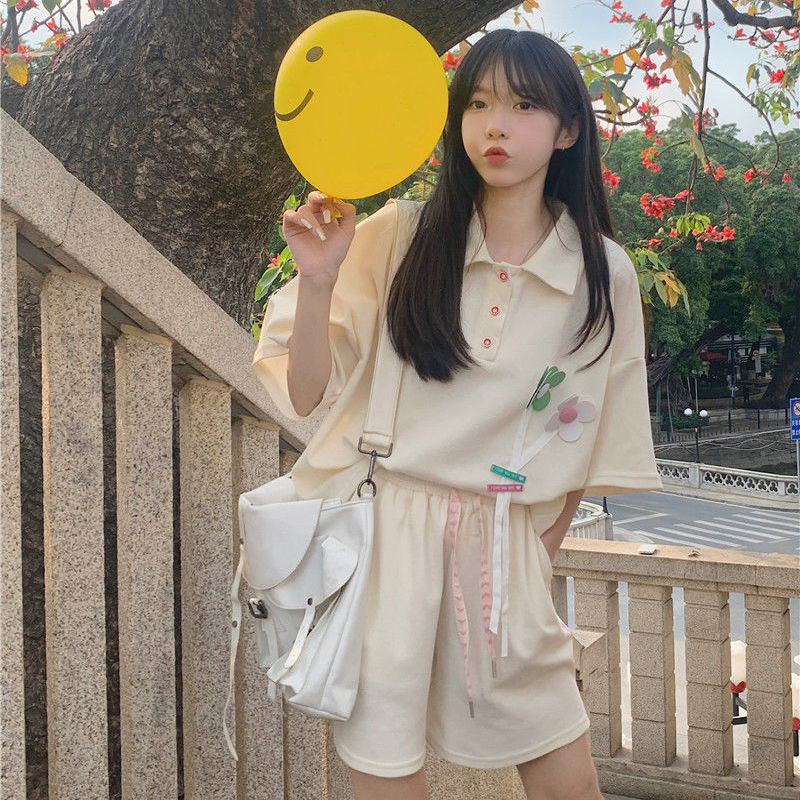 Waffle solid floral Polo neck short sleeve T-shirt women's wide leg Shorts Set summer academic loose two piece set