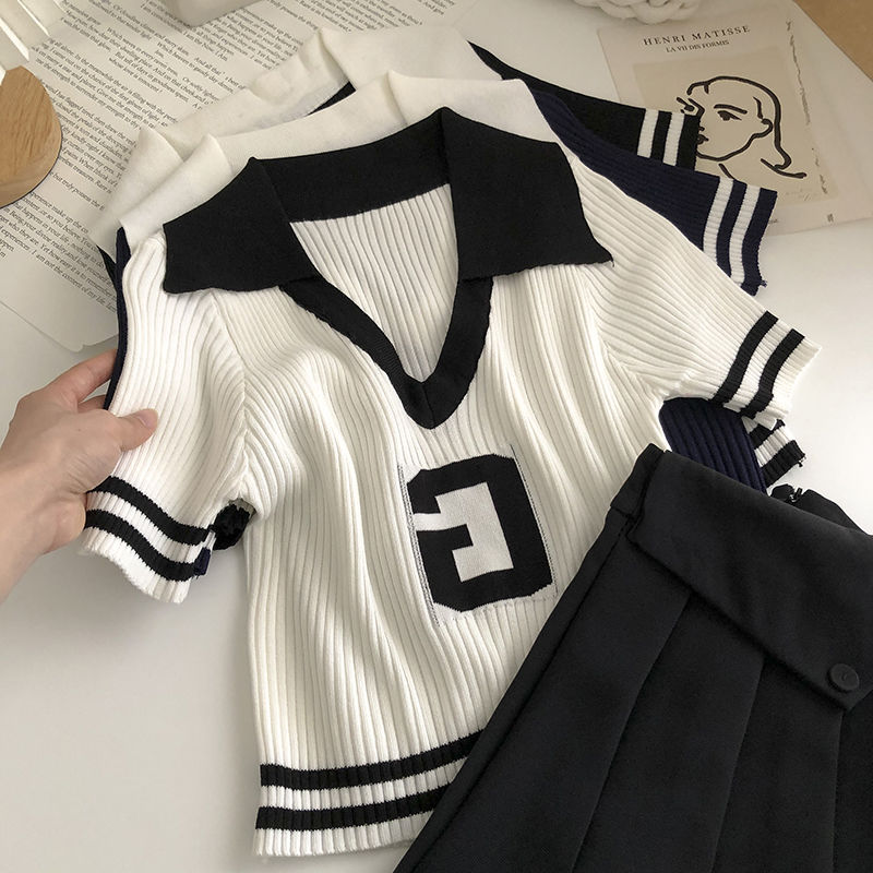 Color blocked V-neck letter jacquard vertical texture short sleeve sweater women's summer 2022 Korean versatile Pullover Top