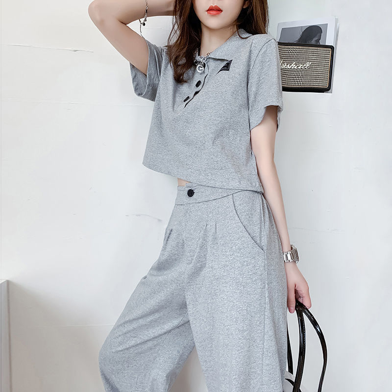 Leisure sports suit women's summer 2021 new Polo neck short top + wide leg pants two piece suit